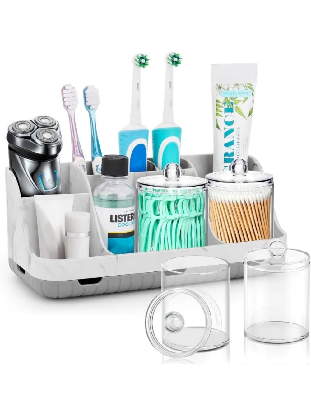 Stylish 2-Pack Bathroom Toothbrush & Qtip Holder Set - Detachable 7-Slot